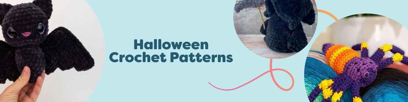 Halloween crochet pattern collection from Hobbii with amigurumi bats, spiders, pumpkins, and spooky home decor in seasonal orange, black, and purple yarns.