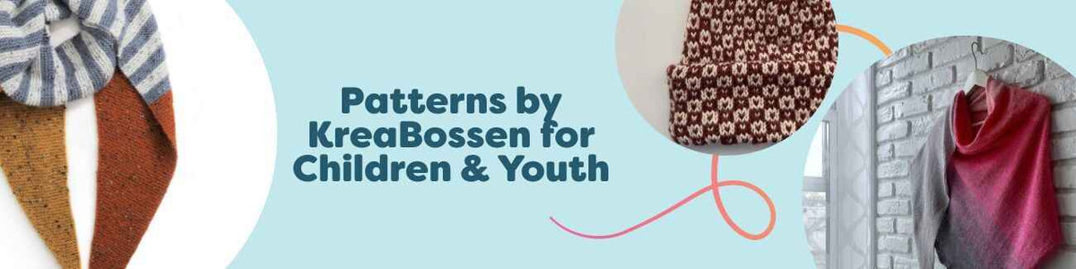 Collage of free KreaBossen knitting and crochet patterns for children and youth—beanies, scarves, and sweaters made with colorful Hobbii yarns.