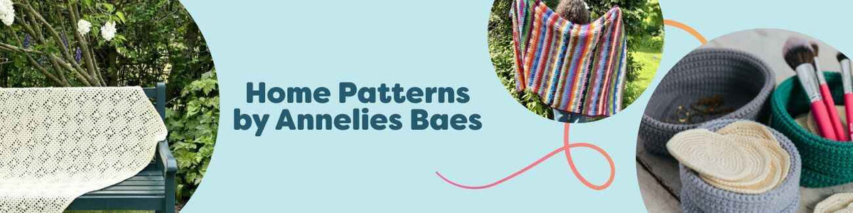 Collage of cozy crochet blankets and home accessories from the Home Patterns by Annelies Baes collection at Hobbii, featuring textured throws, colorful motifs, and practical make-up pads and pots.