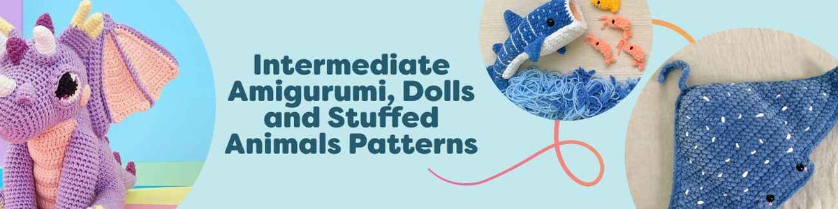 Selection of intermediate amigurumi crochet patterns—dragon, whale shark, manta ray, armadillo, and tarantula—styled with Hobbii yarn and hooks on a neutral backdrop.