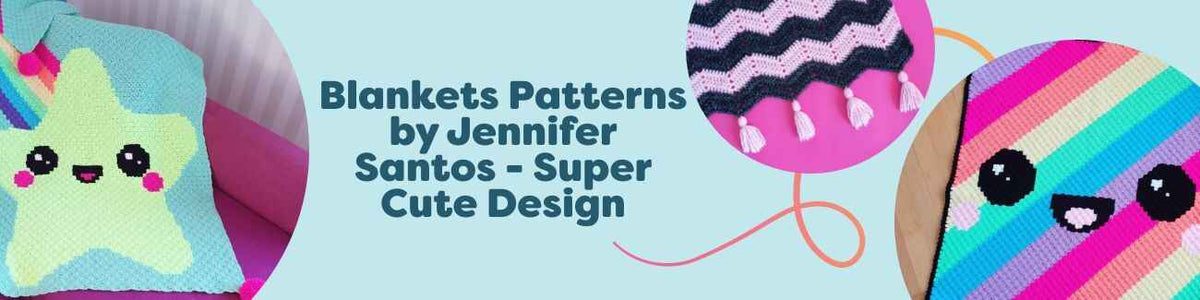 Super cute crochet blanket patterns by Jennifer Santos at Hobbii, featuring kawaii rainbow, shooting star, gingerbread, and cozy wrap designs.