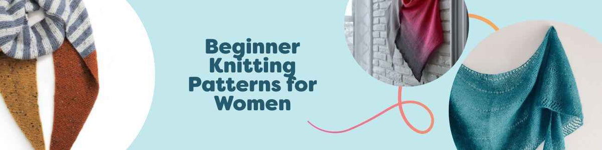 Selection of beginner women’s knitting patterns—scarves, shawls, jumpers, and bags—made with Hobbii yarns, styled flat and on models.