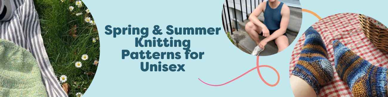 Unisex spring/summer knitting patterns by Hobbii: bucket hats, mesh tank, socks, and a light bag in breathable cotton yarns.