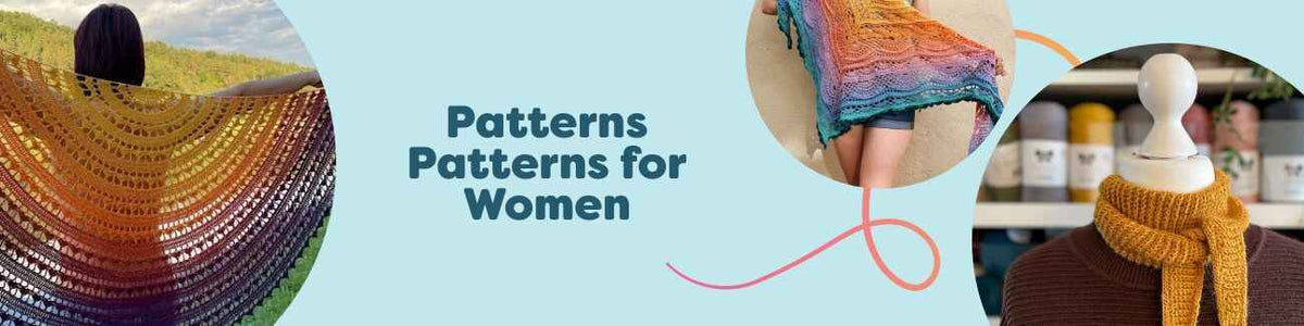 Women’s knitting and crochet patterns from Hobbii: shawls, scarves, and sweaters on models with matching yarn.
