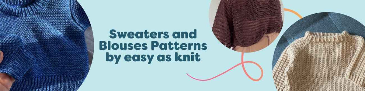 Assorted ‘easy as knit’ sweater and blouse knitting patterns at Hobbii, featuring modern jumpers, cable pullovers, and baby sweaters.