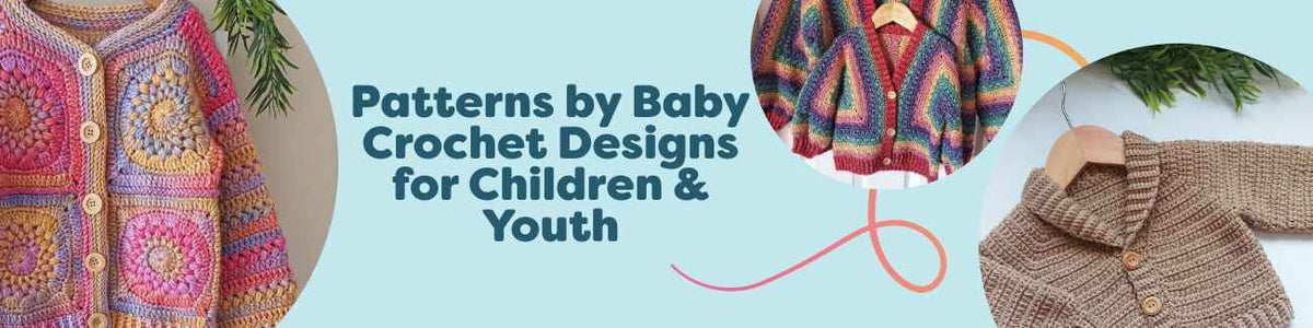 Assortment of children’s crochet cardigan patterns by Baby Crochet Designs—hexagon, herringbone, and textured styles for baby to youth, shown with Hobbii yarn.