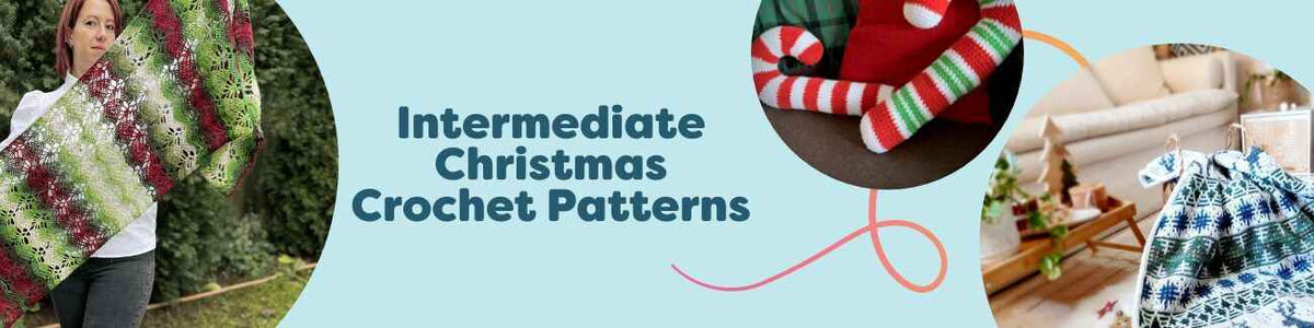 Grid of intermediate Christmas crochet patterns—shawl, blanket, doily mandala, pillow plushie, and placemat—in festive red, green, and winter tones from Hobbii.