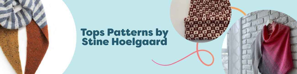 Selection of free knit and crochet tops by Stine Hoelgaard for Hobbii, including tees, tanks, sweaters, and cardigans in various colors and yarn textures.
