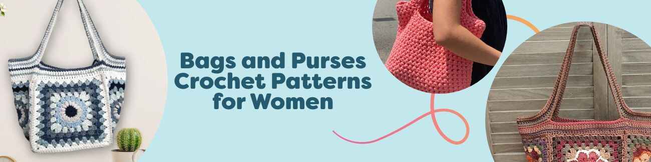 Assorted crochet bags and purses for women: market tote, shopper, trendy handbag, granny square cube bag, and rainbow shoulder bag made with Hobbii yarns.