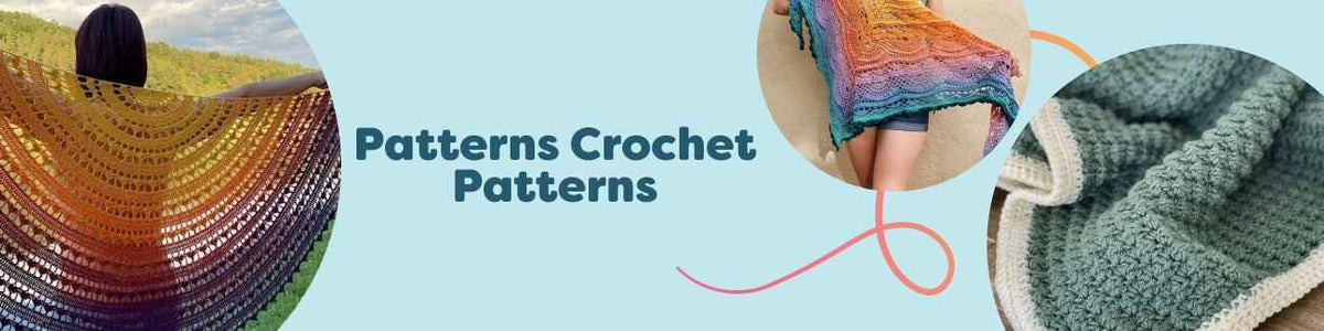 Selection of crochet patterns from Hobbii: shawls, scarves, and baby blankets styled with matching yarn and hooks.