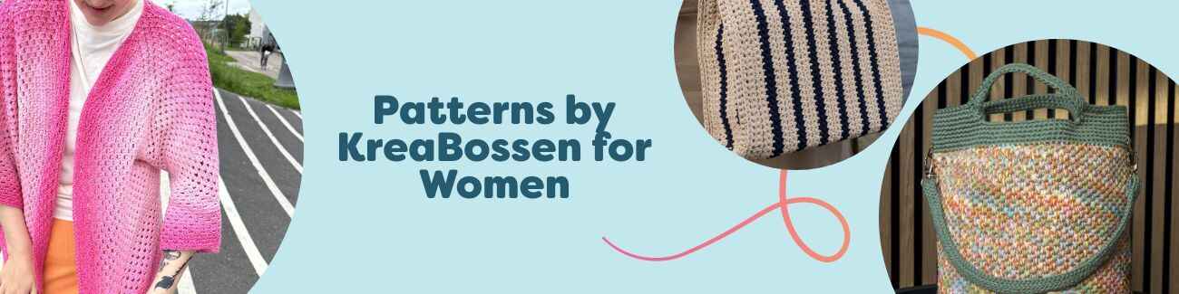 Women’s KreaBossen patterns at Hobbii: model in a knitted cardigan and scarf, with two crocheted bags, styled in soft, neutral yarns.