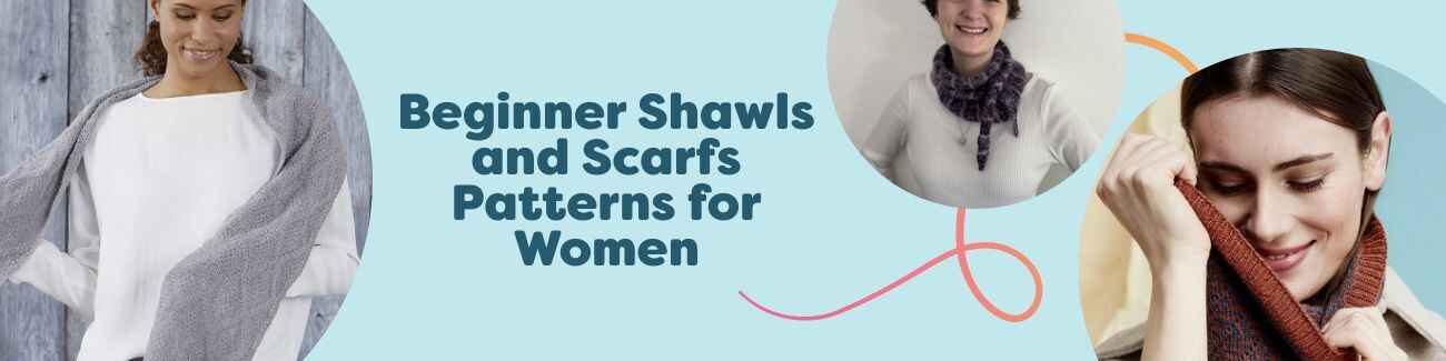 Women’s collection of free beginner shawls, scarves, cowls, and shawlettes in soft hues, knit and crocheted with Hobbii yarns, displayed together.