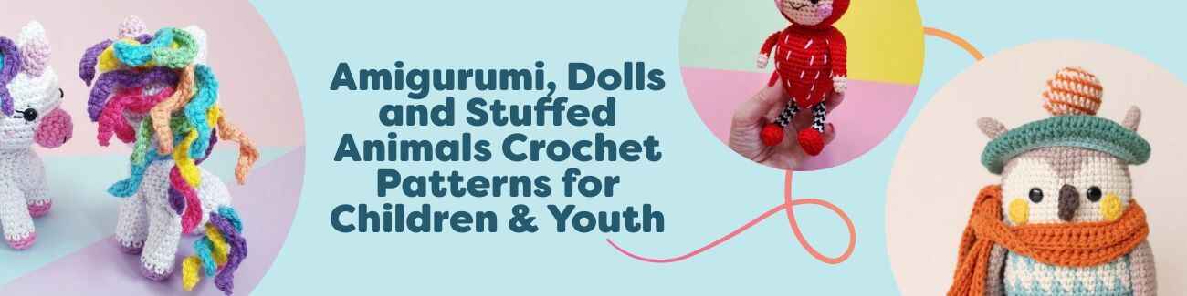 Collection of free amigurumi, doll and stuffed animal crochet patterns for children and youth, featuring a baby unicorn, strawberry plush, owl and more.