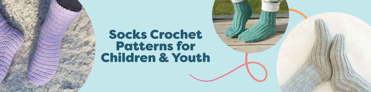 Selection of children’s and youth crochet sock patterns—ribbed, herringbone, and cozy slipper styles—made with colorful Hobbii yarns.