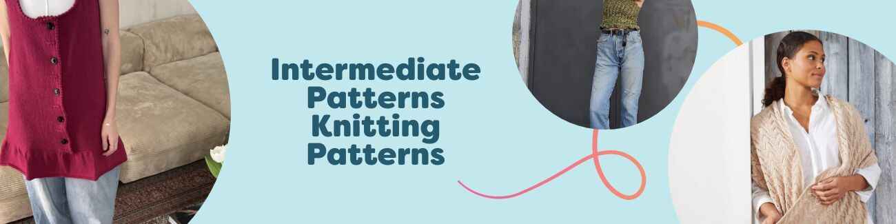 Assortment of free intermediate knitting patterns from Hobbii, featuring a dress, top, shawl, toy, and sweater.
