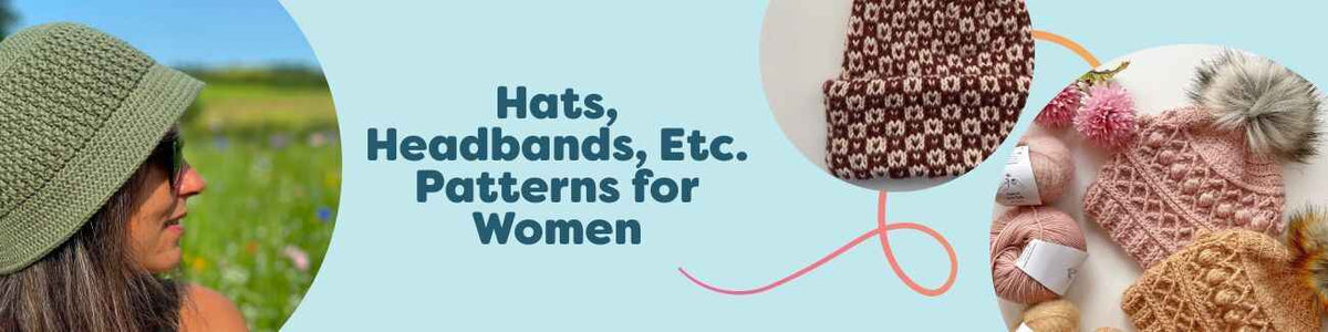 Assorted women’s hats, headbands, and beanies in various stitches and colors made with Hobbii yarns, showcasing knit and crochet styles.