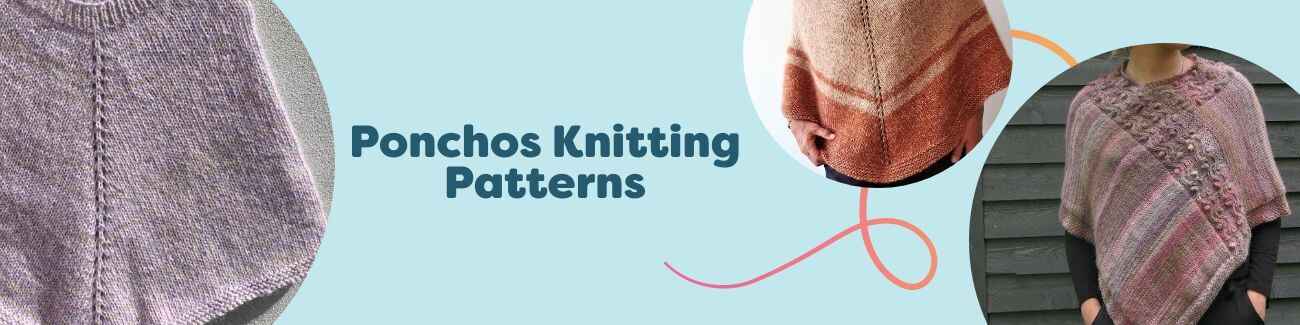 Assortment of knitted ponchos and capes in various colors and textures on models, featuring cables, lace, and simple stitches — Hobbii.