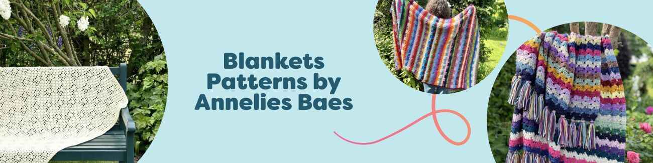 Collage of five crochet blanket patterns by Annelies Baes for Hobbii, showing stripes, colorwork, and textured stitches in soft, modern yarns.