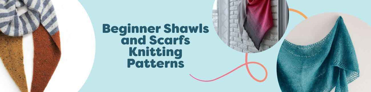 Hobbii collection of beginner shawl and scarf knitting patterns, featuring simple triangles and cozy ribbed scarves in soft yarns for new knitters.