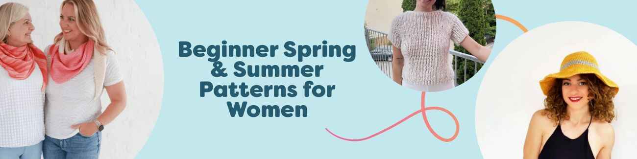 Collage of free beginner spring and summer knitting and crochet patterns for women, with lightweight tops, shawls, jumpers, and hats in bright cotton yarns.