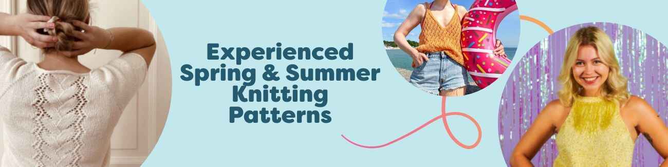 Assortment of experienced-level spring and summer knitting patterns from Hobbii, including tees, tops, and a beach bag in bright, airy yarns.