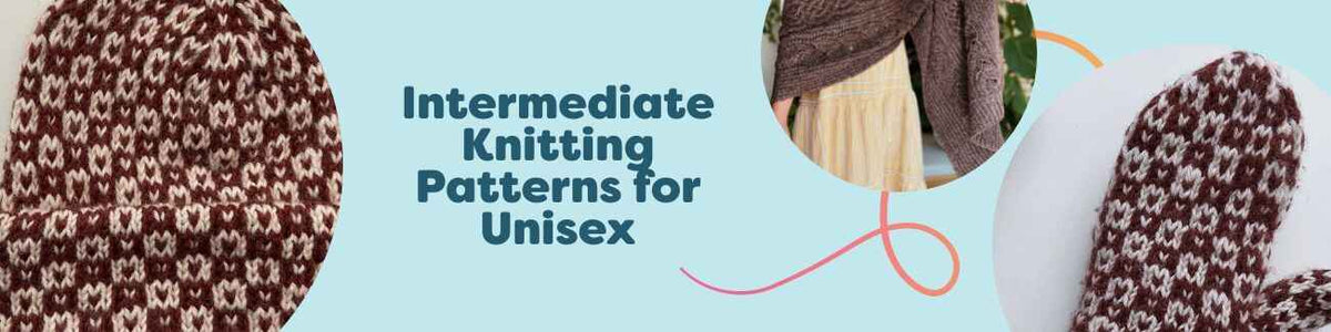 A grid of unisex intermediate knitting patterns featuring beanies, mittens, sweaters, and wraps in neutral tones, suitable for all genders.