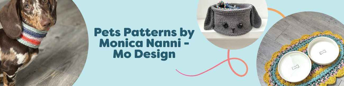Pet crochet patterns by Monica Nanni (Mo Design) at Hobbii: dog scarf, basket, bowl mat, and hands‑free leash designs.