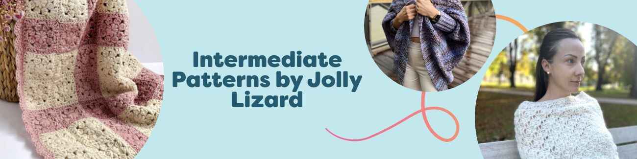 Collage of Jolly Lizard intermediate crochet patterns from Hobbii, featuring a baby blanket, cocoon cardigan, sweater scarf, and bolero in soft yarns.