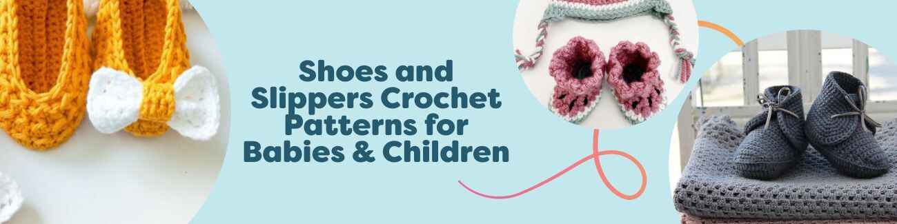 Crocheted baby booties, kids slippers, and soft shoes in pastel yarns, neatly arranged on a neutral background; sizes for newborns to toddlers.