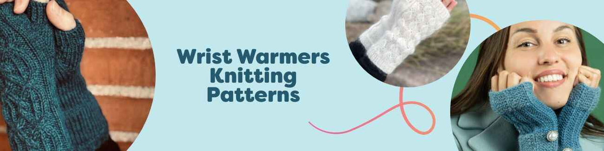 Collection image showing Hobbii wrist warmers knitting patterns—Ash, Freja, Dråbevis, and Teal Tales—cozy textured designs knit in soft yarns.