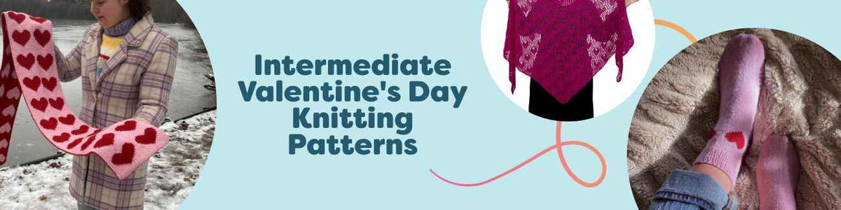 Hobbii collection of intermediate Valentine’s Day knitting patterns: heart-motif scarf, lace shawl, cozy beanie, and colorwork socks in pinks and reds.