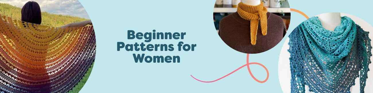 Selection of beginner-friendly women's knitting and crochet patterns, including shawls, scarves, bucket hats, and bags, made with Hobbii yarns.