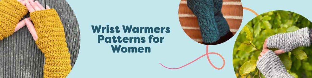 Assorted women’s knit and crochet wrist warmers in various colors and textures, shown worn and flat, made with soft Hobbii yarns.