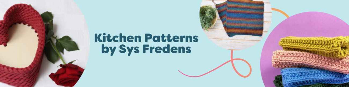 Assorted knitted and crocheted kitchen projects by Sys Fredens—textured dishcloths, potholders with edges, and a heart basket, styled in cotton yarns.