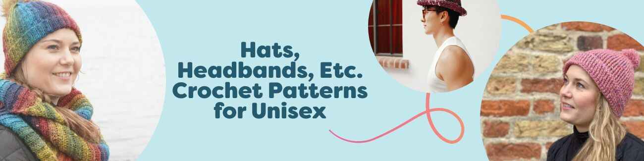 Assortment of unisex crochet hats, beanies, bucket hats, and headbands made with Hobbii yarns in neutral and bright colors.