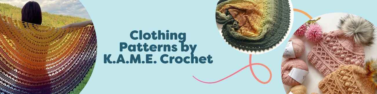 K.A.M.E. Crochet clothing patterns from Hobbii featuring shawls and a beanie, styled with yarn skeins for modern, wearable makes.