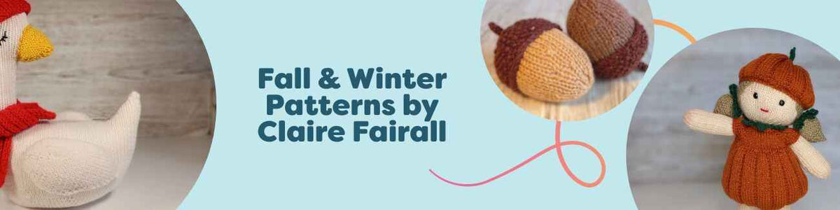 Collage of free fall and winter crochet patterns by Claire Fairall from Hobbii, featuring an amigurumi Winter Goose, Tweedy and Candy Pumpkins, Autumn Acorns, and a doll Pumpkin Outfit in seasonal yarns.