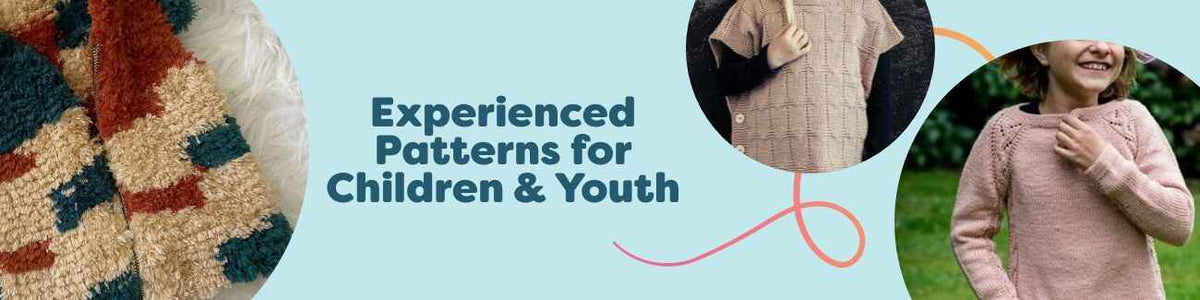 Assorted intermediate knit and crochet patterns for children and youth, featuring sweaters, vests, ponchos, and toys in soft, colorful yarns by Hobbii.
