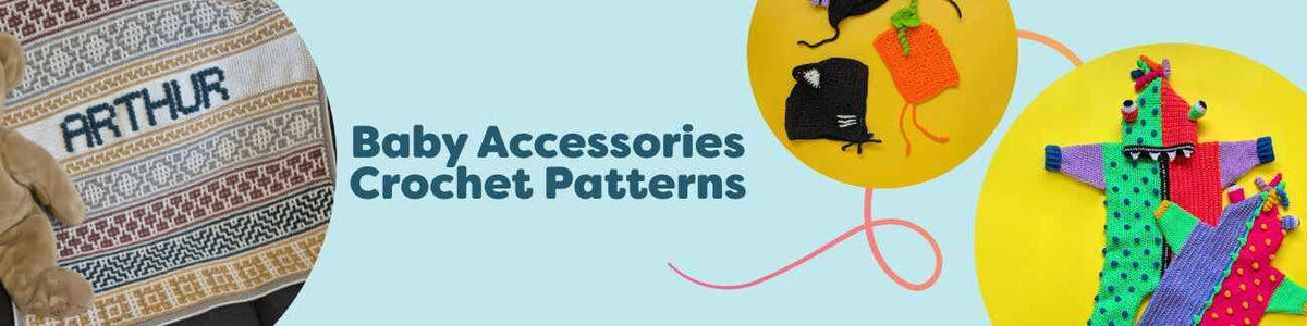 Collection of free baby accessories crochet patterns from Hobbii, showing cozy blankets, bonnets, and a cute romper in soft, baby-safe yarns.