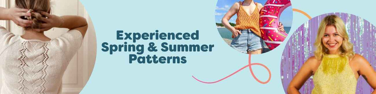 Assortment of spring and summer knit and intermediate crochet patterns from Hobbii—lightweight tees and tops (Emmanuel, Benedikte, Fringy), a Small Sunrise Beach Bag, and a rainbow bamboo summer top.