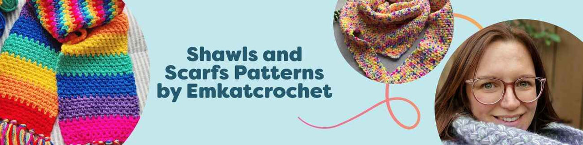Styled flat lay of Emkatcrochet shawls, scarves, and a cowl crocheted with colorful Hobbii yarns, showing textured stitches and drape.