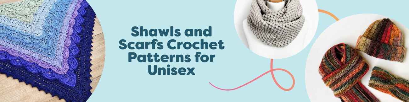Assorted unisex crochet shawls and scarves in varied textures and colors, including infinity styles and lightweight wraps, made with Hobbii yarn.