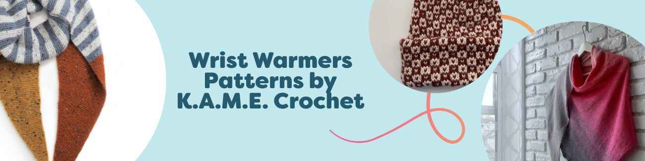 Assorted crochet wrist warmers in varied textures and colors, made with Hobbii yarn; K.A.M.E. Crochet pattern collection on a cozy tabletop.