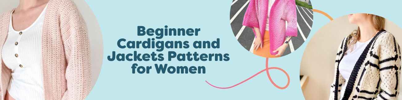 Beginner women's cardigans and jackets—crochet and knit patterns from Hobbii shown on models in various colors and textures.