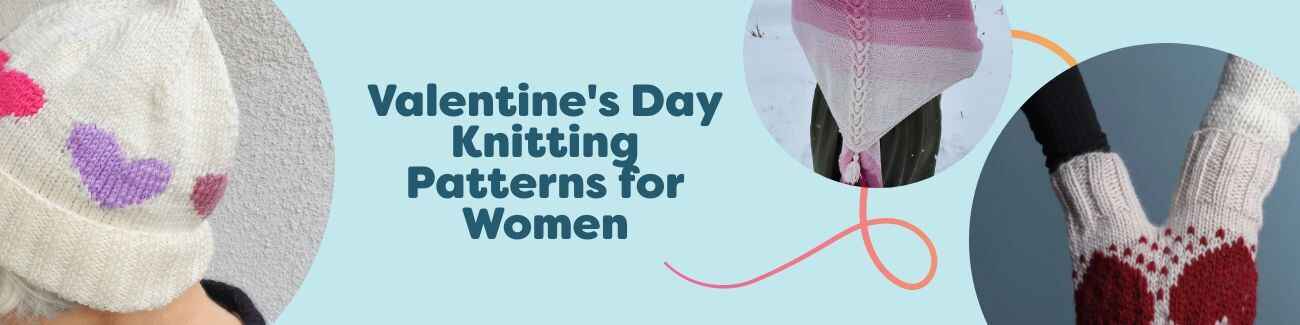 Collection image of free Valentine's Day knitting patterns for women by Hobbii, featuring a beanie, shawl, bag, sweater, and heart mittens in pink and red yarns.