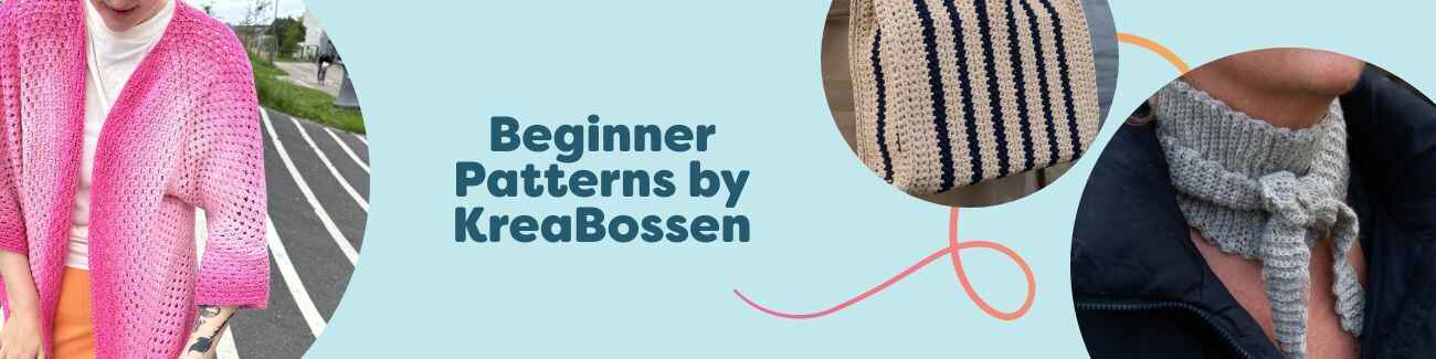 Grid of beginner knitting and crochet patterns by KreaBossen from Hobbii - bags, hats, scarves, and a simple cardigan in soft yarns, ideal for first projects.