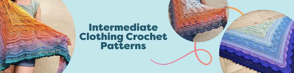 A curated range of intermediate clothing crochet patterns from Hobbii, featuring shawls, cardigans, and garments styled with coordinating yarns.
