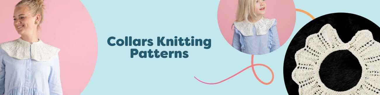 Flat lay of knitted collars in lace and rib textures made with soft Hobbii yarns, shown in neutral and pastel colors as a collection of neckwear patterns.