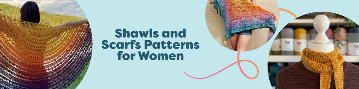 Assorted women’s shawl and scarf patterns for knitting and crochet from Hobbii, showing lace, textured, and colorwork styles in varied yarns.