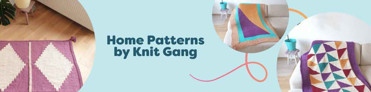 Collage of free home crochet patterns by Knit Gang: cozy blankets and a modern rug styled in a living room, created with Hobbii yarns.